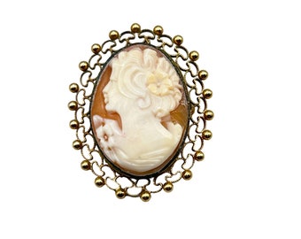 Vintage Genuine Carved Shell Cameo Pin Brooch and Pendant Lady Facing Left