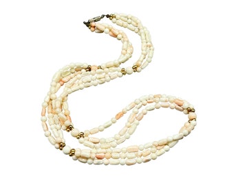 Beaded Pale Coral Necklace Genuine Angel Skin Coral Beads Triple Strand Style