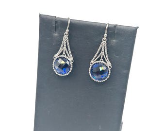 Sterling Silver & Blue Crystal Earrings Pierced Dangles 1 Inch Elegant Design