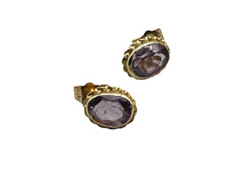 Vintage 14K Gold and Amethyst Earrings Studs Oval Bezel Sets Genuine Gemstones