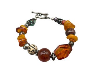 Handcrafted Amber Carnelian Turquoise Stone Bracelet Sterling Silver Clasp 6.75" Long