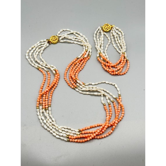 Vintage Coral and Rice Pearls Necklace & Bracelet… - image 2