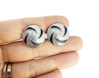 Vintage Swank Cufflinks Round w Black Enamel Accents Silver Tone Gift For Man