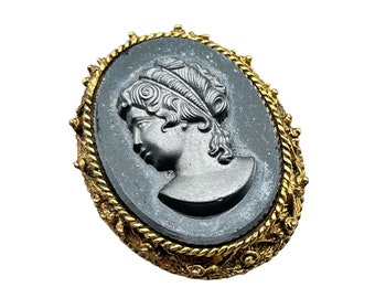 Vintage Glass Hematite Black Cameo Pin Brooch Gold Tone Lady Profile Left Facing