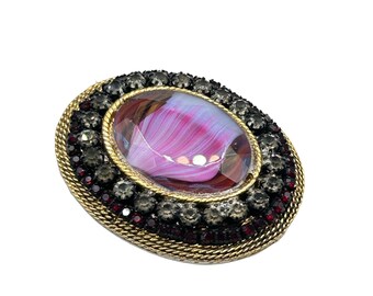 Vintage Signed HAR Pin Brooch Pink Glass Stone With Rhinestones Oval Shaped