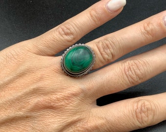 Vintage Malachite green stone sterling silver ring adjustable size domed oval  design