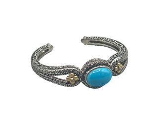 BARBARA BIXBY Sterling Silver Hinged Cuff Bracelet 18k Gold Blue Turquoise Bracelet