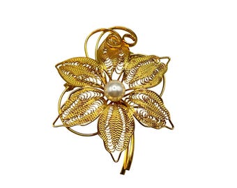 Gold Filigree Flower Pin Brooch With Faux Pearl Center