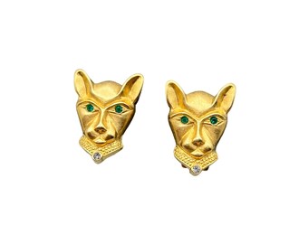 JACKIE COLLINS Panther Clip On Earrings Matte Gold Tone and Emerald Green Eyes