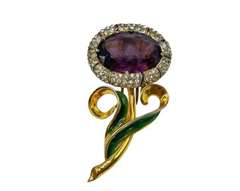 Unsigned Corocraft Sterling Silver Flower Fur Clip Purple Stone Gold Wash Floral