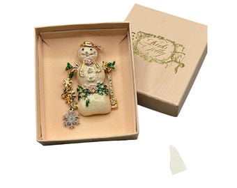 Vintage KIRKS FOLLY Gold Tone Brooch Snowman Christmas Holidays Pin With Charms New In Box