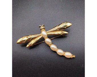 Vintage Dragonfly Brooch Gold Tone with Pearls Insect Figural Collectible Pin