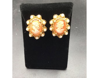 Genuine Cameo Clip On Earrings Carved Shell & Faux Pearls in Gold Tone Setting