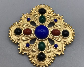 Jeweled Blue Red Green Cabochons Brooch Matte Gold Tone Vintage Costume Jewelry
