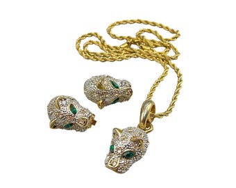 Rhinestones Panther Pendant Necklace And Clip On Earrings Vintage 80s Green Eyes Gold Tone