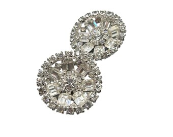 Vtg Clear Rhinestones Earrings Clip On Round Circular Layered Statement Jewelry