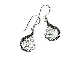 Sterling Silver Dangles Earrings Ornate Floral Drops With Marcasites