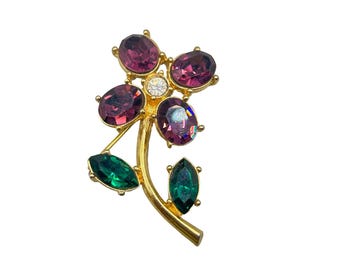 Monet Purple Crystal Flower Brooch Pin with Gold Tone Finish Floral Multicolored