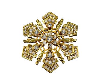 Monet Rhinestone Snowflake Gold Tone Brooch Pin Sparkling Holiday Accessory