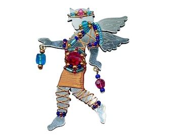Vintage LIZTECH Woodland Sprite Brooch Angel Fairy Pin Winged Mirrored Handwired