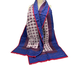 Vintage Signed Hattie Carnegie Silk Scarf Long Rectangular Blue Red with Fringe
