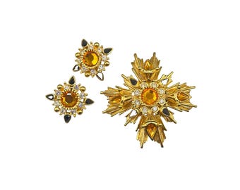 Joan Rivers Maltese Cross Brooch & Clip Earrings Set Gold Tone Rhinestones