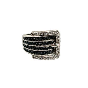 Vintage Sterling Silver Buckle Design Ring Size 5.75 Black and Clear Stones