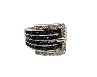 Vintage Sterling Silver Buckle Design Ring Size 5.75 Black and Clear Stones