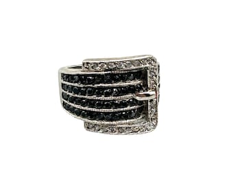 Vintage Sterling Silver Buckle Design Ring Size 5.75 Black and Clear Stones