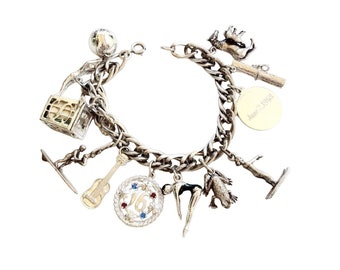 Vintage Loaded Charm Bracelet Sterling Silver Dangling Charms Chunky Bracelet