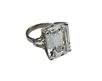 Vintage KJL Faux Diamond Ring Size 8 Emerald Cut Clear Glass Stone Silver Tone
