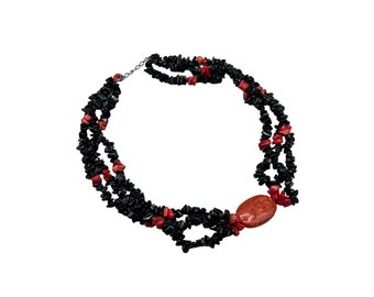 Vintage Black Onyx and Red Sponge Coral Necklace Multi Strand Stone Chip Beads