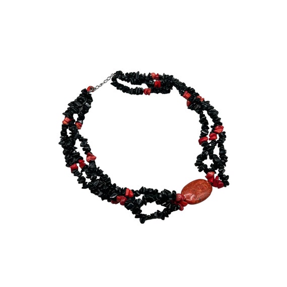 Vintage Black Onyx and Red Sponge Coral Necklace … - image 1