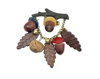 Vintage Branch Pin Brooch with Carved Leaf Wood Acorn & Nuts Autumn Fall Jewelry