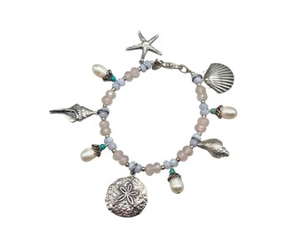 Sterling Silver Sea Charms Seashells Bracelet With Genuine Stone Beads And Pearls