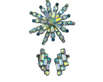 Vintage Aurora Borealis Rhinestone Starburst Brooch & Clip On Earrings Set