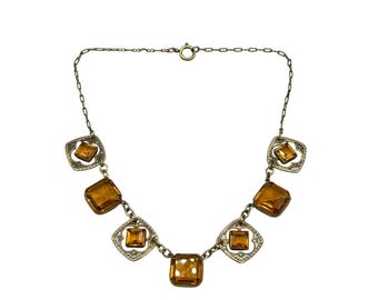 Vintage Czech Victorian Glass And Brass Necklace Topaz Glass Stones