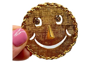 Vintage Smiley Face Pin Brooch and Pendant Gold Tone Metal with Rhinestones Eyes