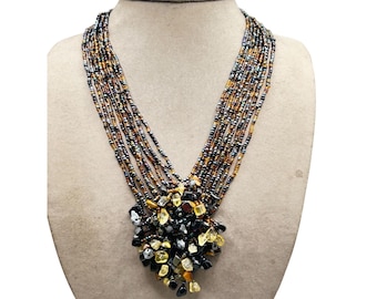 Vintage Beaded Necklace Multi Strand Semi-Precious Stone Chips And Seed Beads