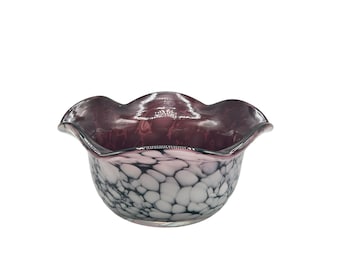 Art Glass Ruffled Edge Bowl Purple White Handmade Candle Holder Trinket Dish