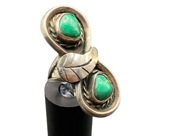 Handcrafted Native American Sterling Silver Ring 2 Turquoise Stones Leaf Design