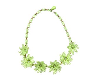 Vintage Plastic Rhinestone Necklace Lime Green Celluloid Flowers Lightweight