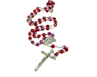 Vintage Made in Italy Rosary Necklace Red Aurora Borealis Glass Beads Crystals