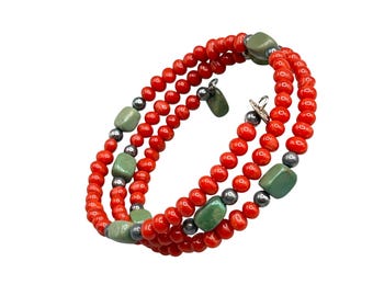 Red Coral Turquoise Bracelet Memory Wire Beaded Bangle M.G. 925 Sterling Silver
