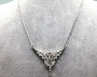 Vintage Elegant CZ Necklace Silver Tone Formal Silver & Clear Costume Jewelry
