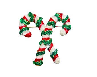 Double Candy Cane Holiday Christmas Brooch Pin Vintage with Green Leaf Accents