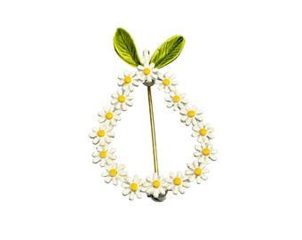 Daisy & Leaf Enamel Brooch Floral Pear Shaped Design Vintage Flowers Pin