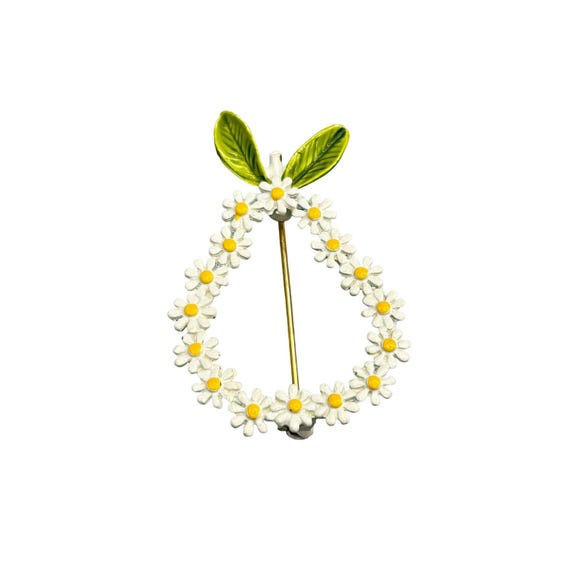 Daisy & Leaf Enamel Brooch Floral Pear Shaped Design Vintage Flowers Pin