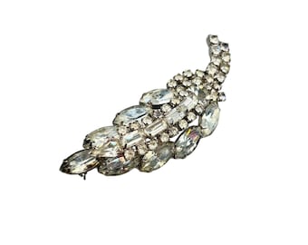 Vintage Clear Rhinestones Pin Brooch Silver Tone Leaf Layered Designer Quality