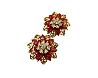 Vintage AVON Christmas Earrings Red Enamel Poinsettia Flowers Pierced Studs Gold Tone